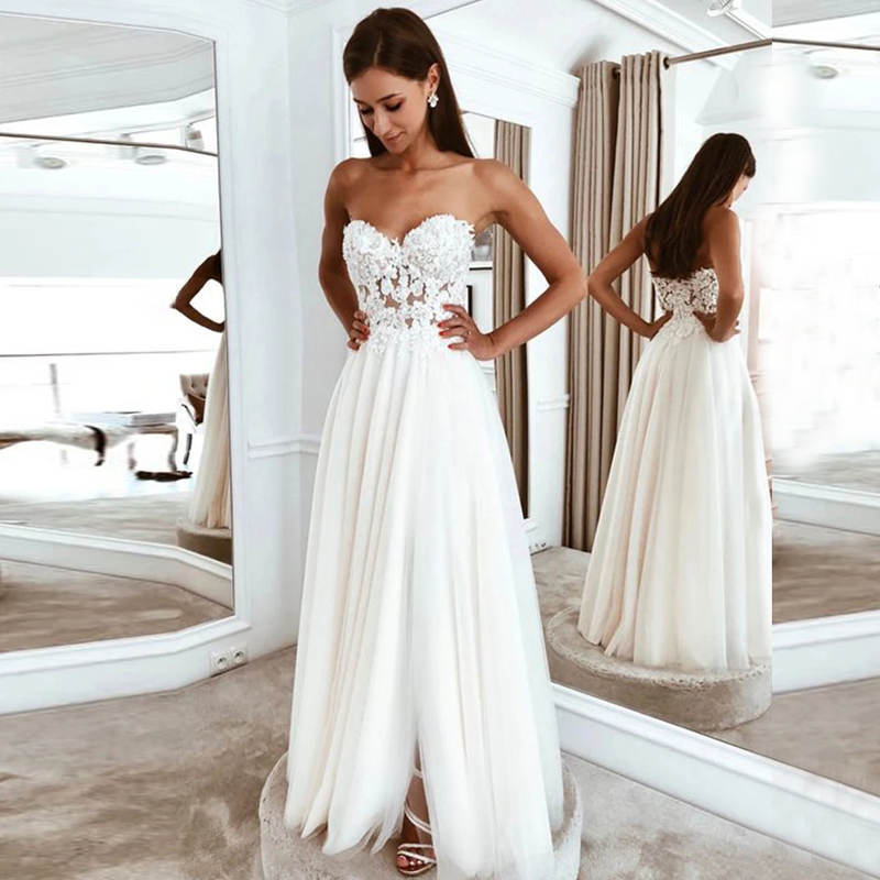 A-Line Strapless Appliqued Beach Bridal Dress with Slit
