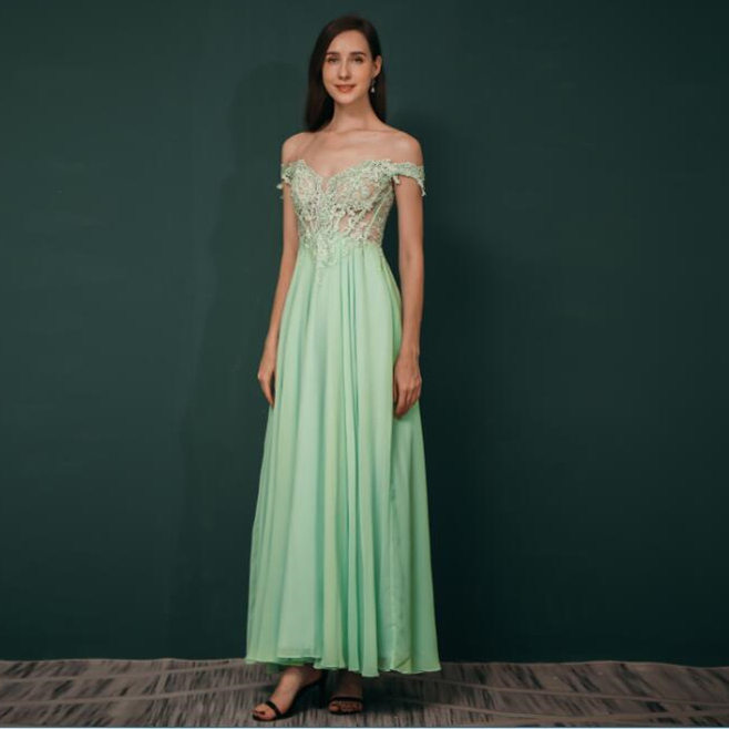 Off the Shoulder Mint Green Lace Long Formal Dress