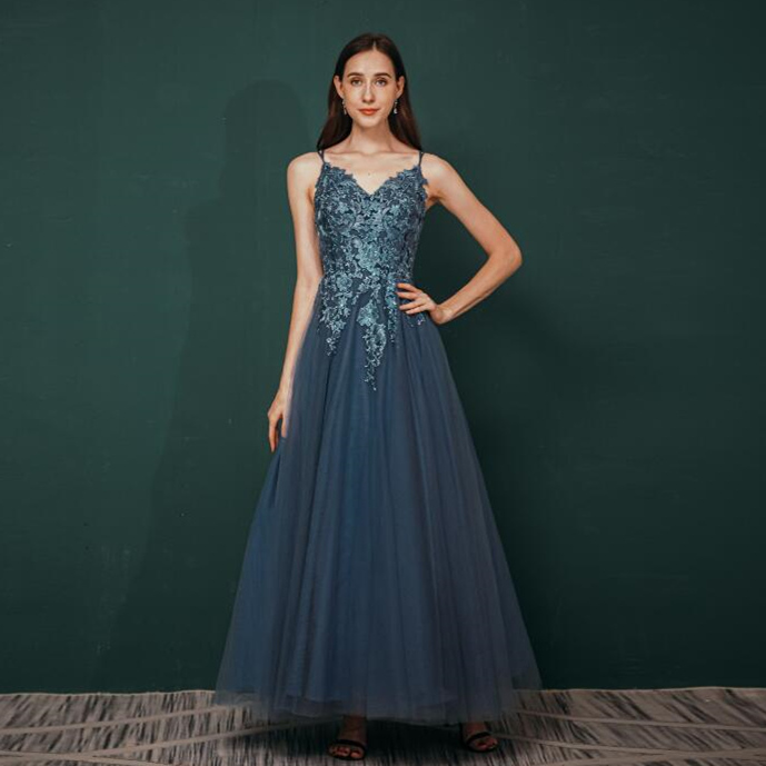 A-Line Backless Dusty Blue Long Fromal Dress with Appliques