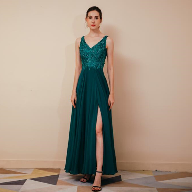 Emerald Green Side Slit Lace Long Prom Dress with Appliques