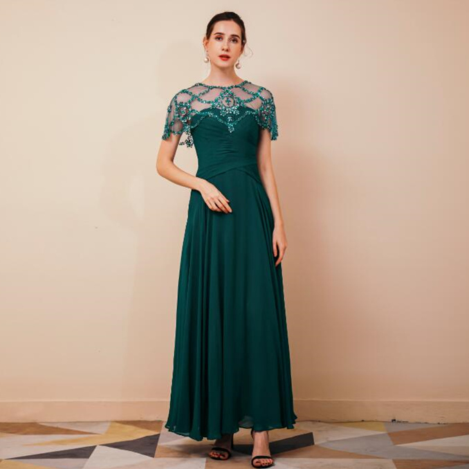 Emerald Green A-Line Beaded Long Formal Dress with Cap Sleeves