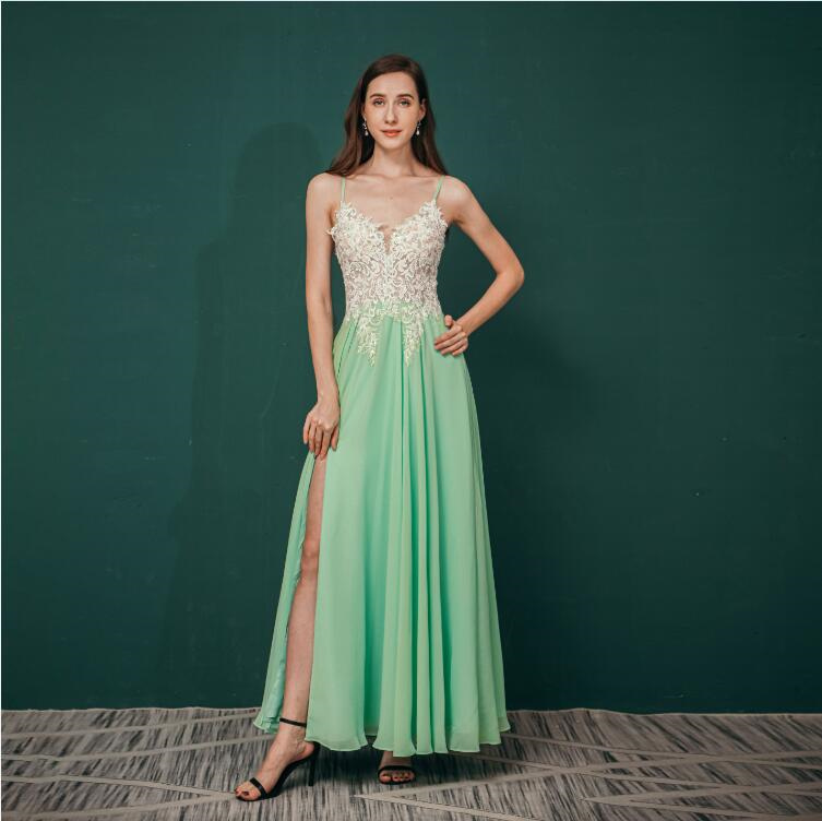 A-Line Straps Mint Green Appliques Long Prom Dress