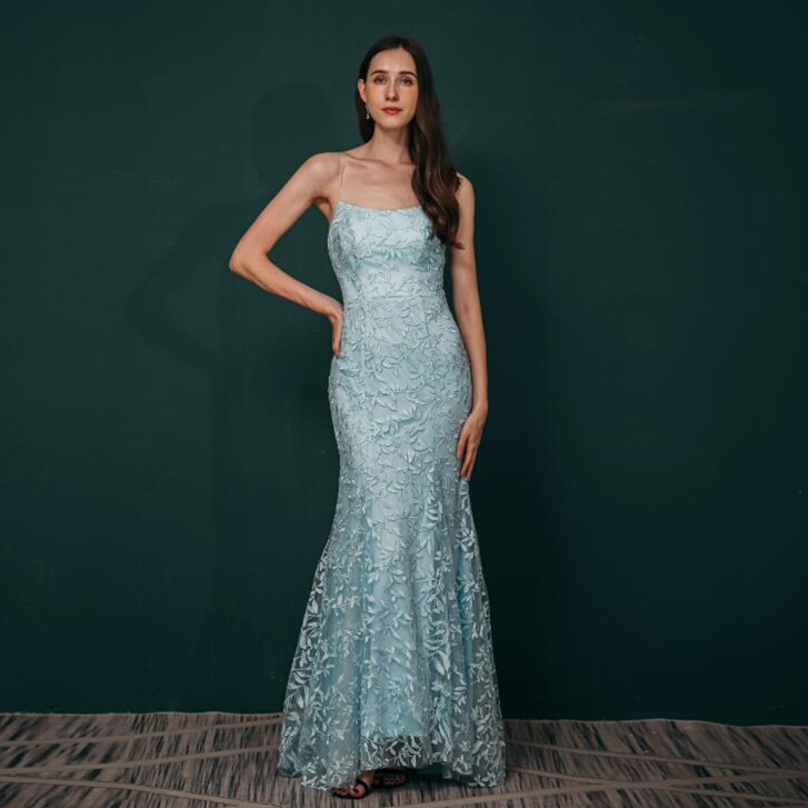Elegant Mermaid Sky Blue Lace Long Prom Dress
