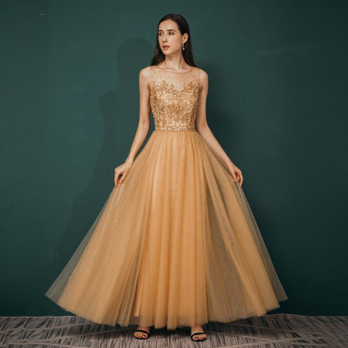 Illusion Neck Gold Beaded Long Prom Dress