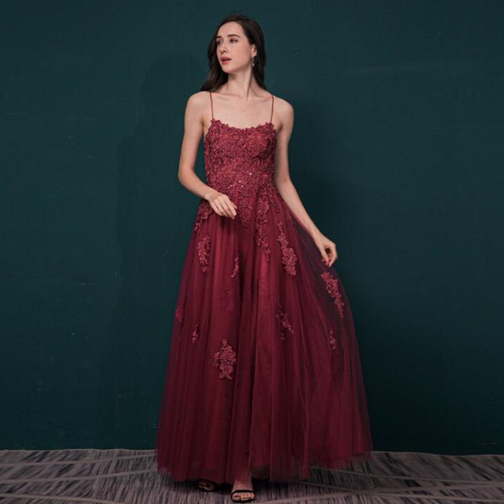 Lace-Up Burgundy Appliques A-Line Tulle Formal Dress