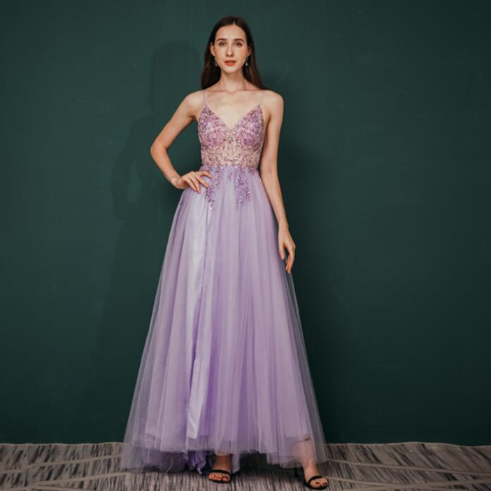 Lavender Straps Beaded Long Fromal Dress with Slit