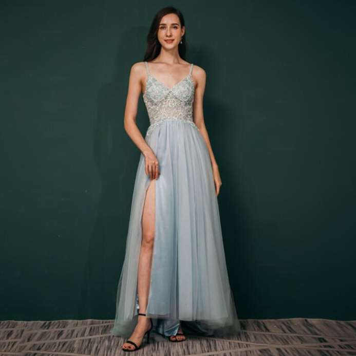 Light Blue Straps Embroidery Long Prom Dress