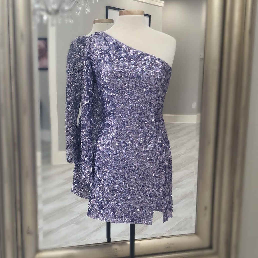 Short Lavender Sequined Party Dress with Long Sleeve