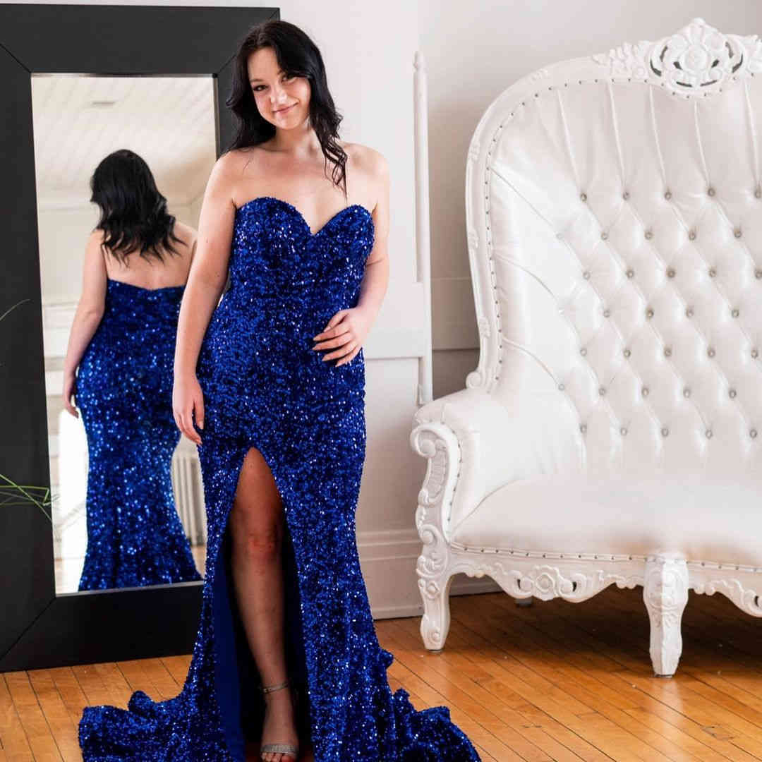 Sweetheart Royal Blue Sequined Long Prom Dress