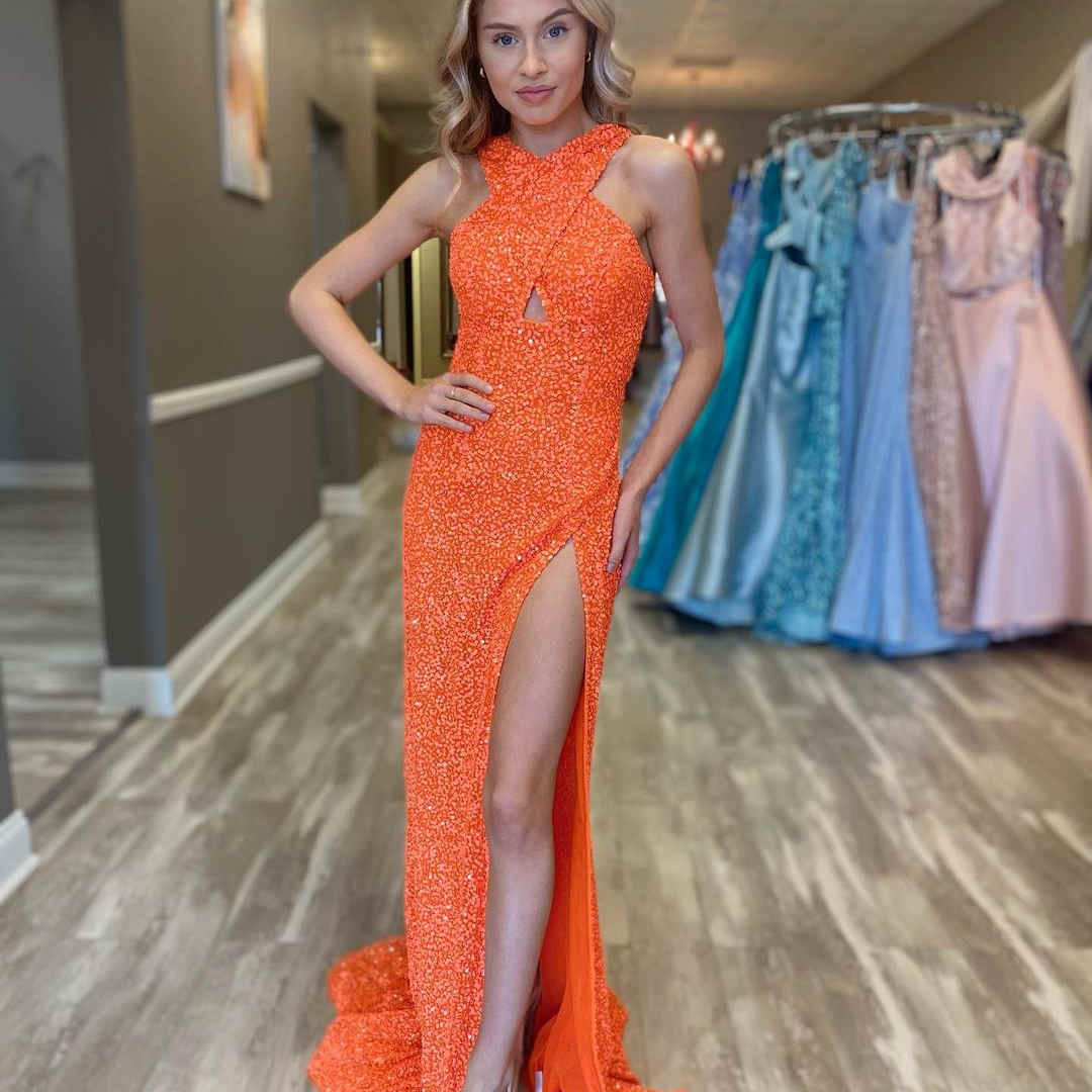 Criss Cross Straps Orange Sequins Prom Dress