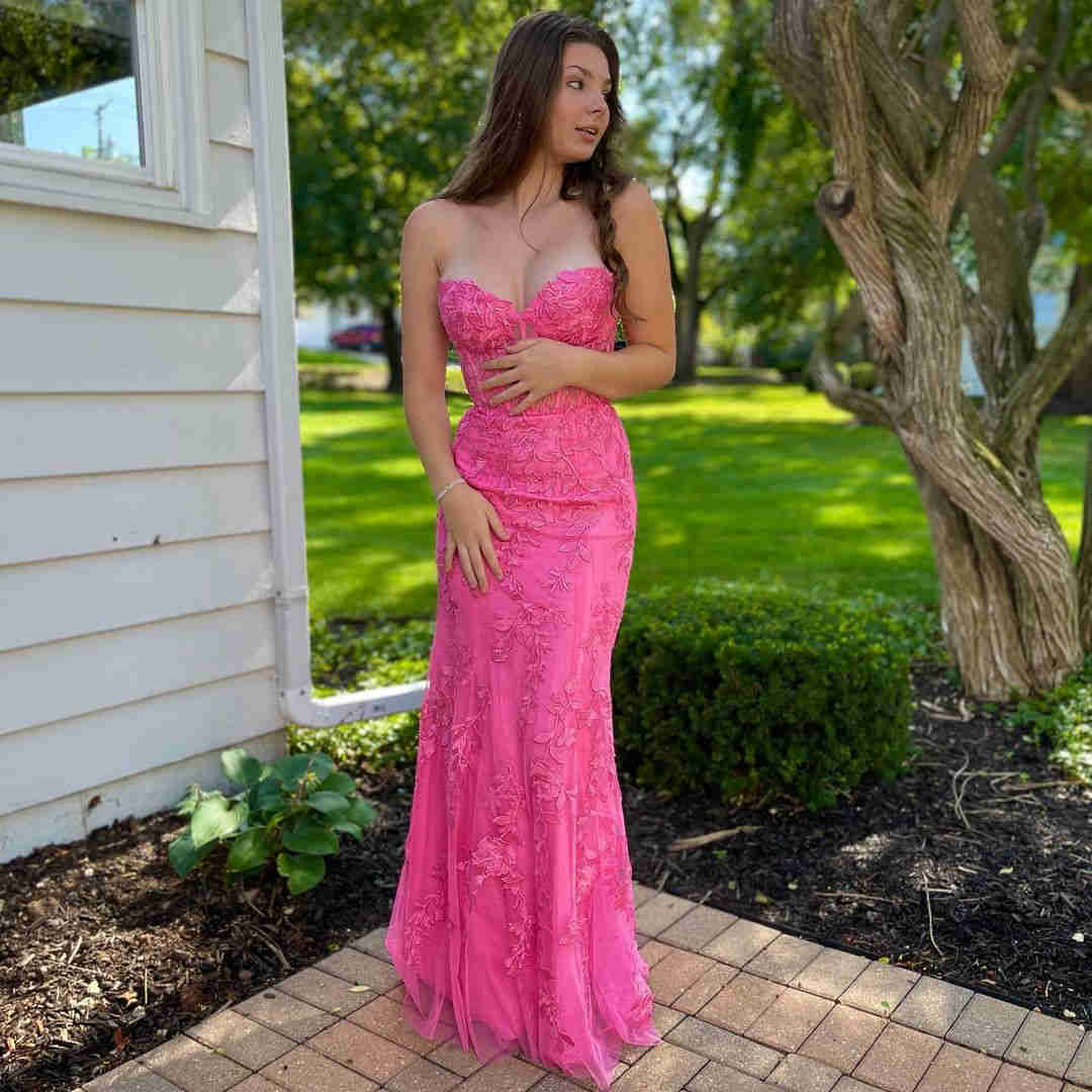 Strapless Hot Pink Lace Long Prom Dress with Appliques