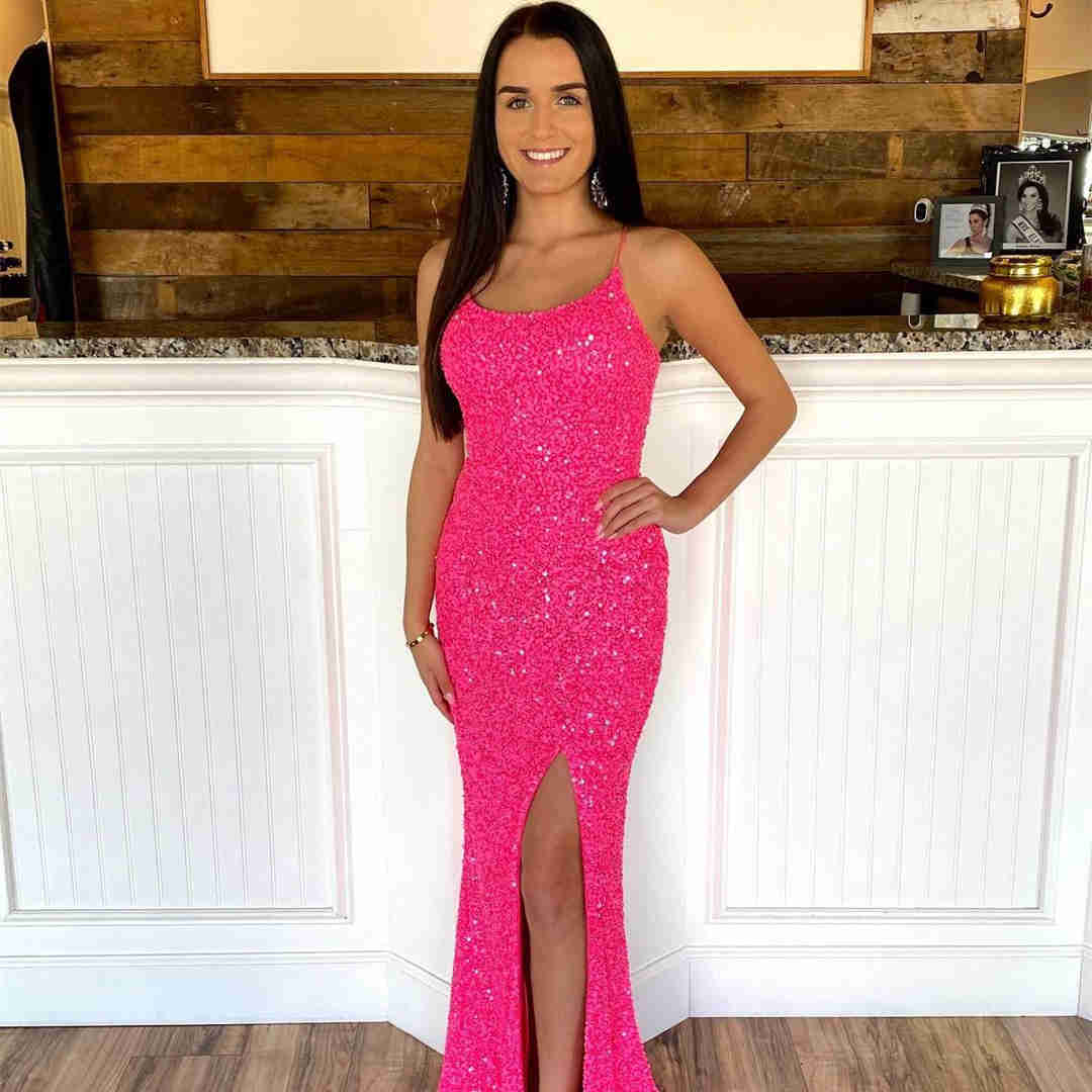 Glitter Hot Pink Sequins Long Prom Dress with Slit