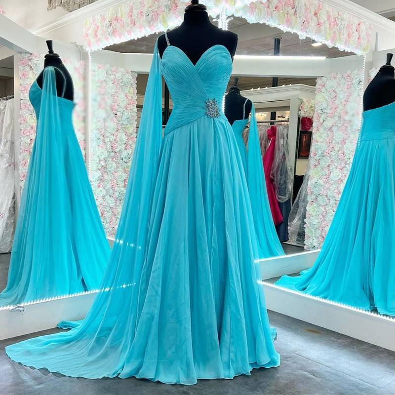 One Shoulder Blue Pleated Long Formal Dress with Side Cape