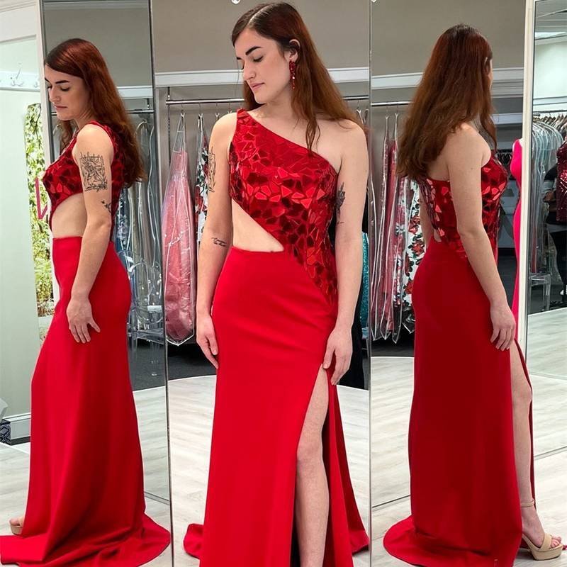One Shoulder Red Cut Glass Mirror Sequins Long Prom Dress 