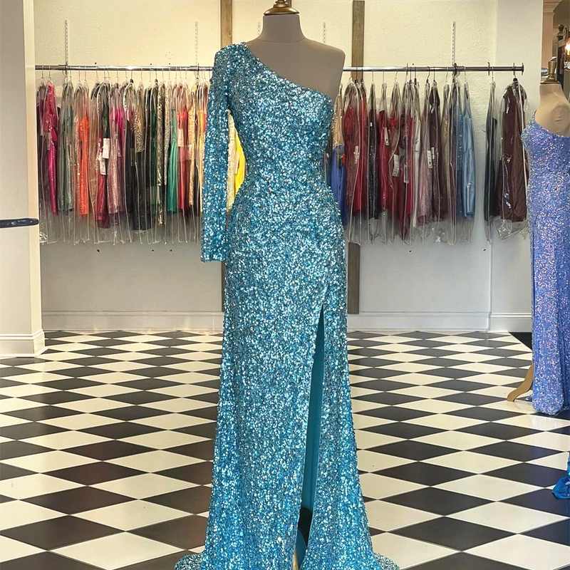 Tiffany Blue One Shoulder Long Prom Dress with Long Sleeve