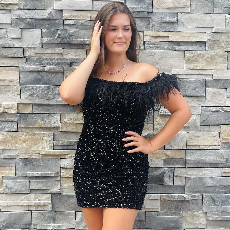 Feather Off the Shoulder Black Tight Homecoming Dress 