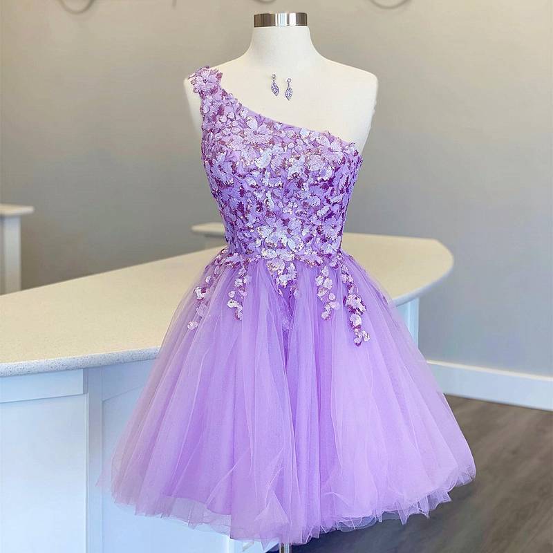 Princess Lilac One Shoulder Short Party Dress with Appliques
