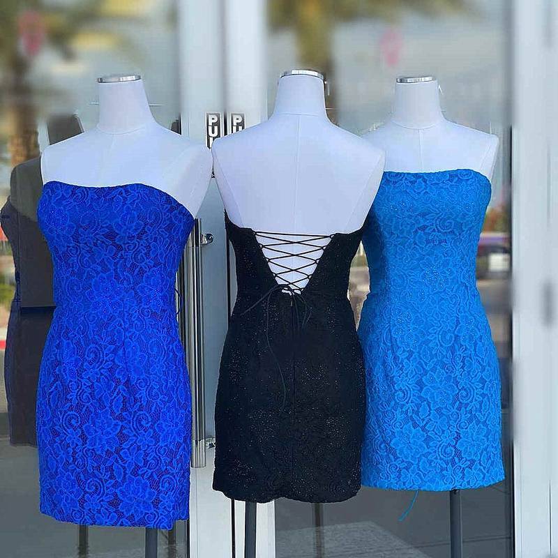 Tie Back Strapless Blue Lace Tight Homecoming Dress 