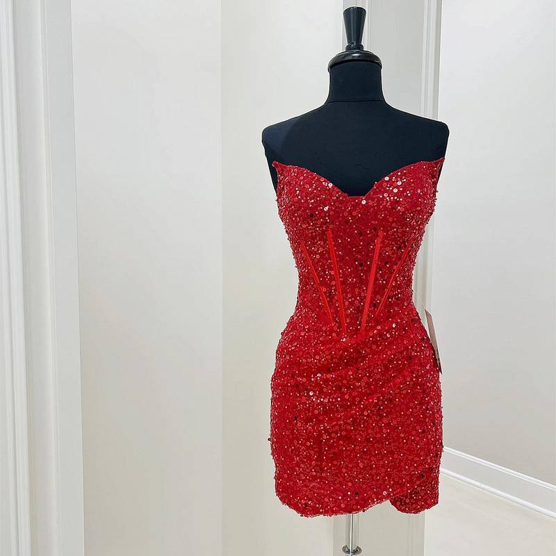 Tight Red Strapless Sequined Homecoming Dress 