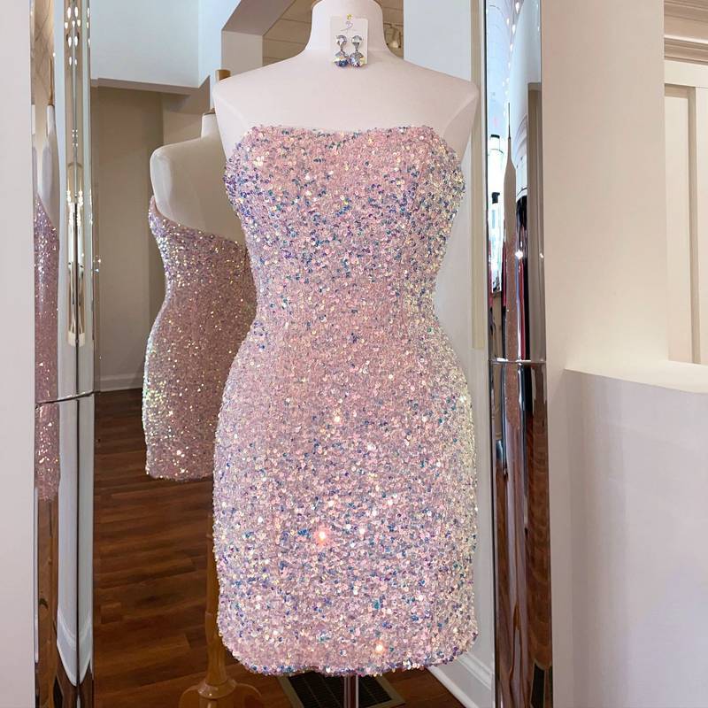 Tight Strapless Pink Sequined Short Homecoming Dress 