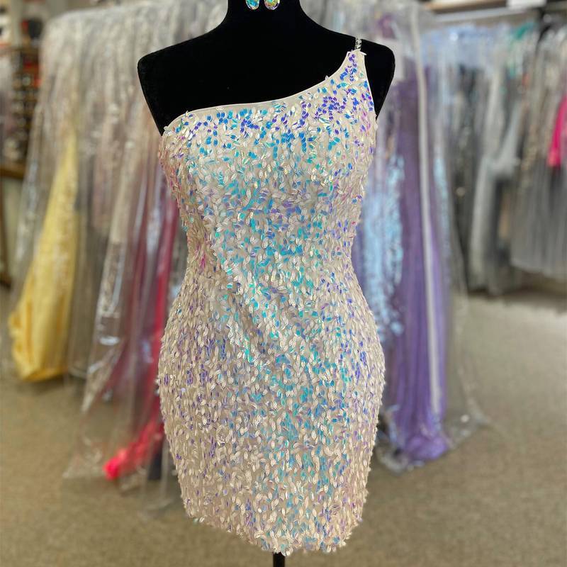 White Sequins One Shoulder Bodycon Homecoming Dress 