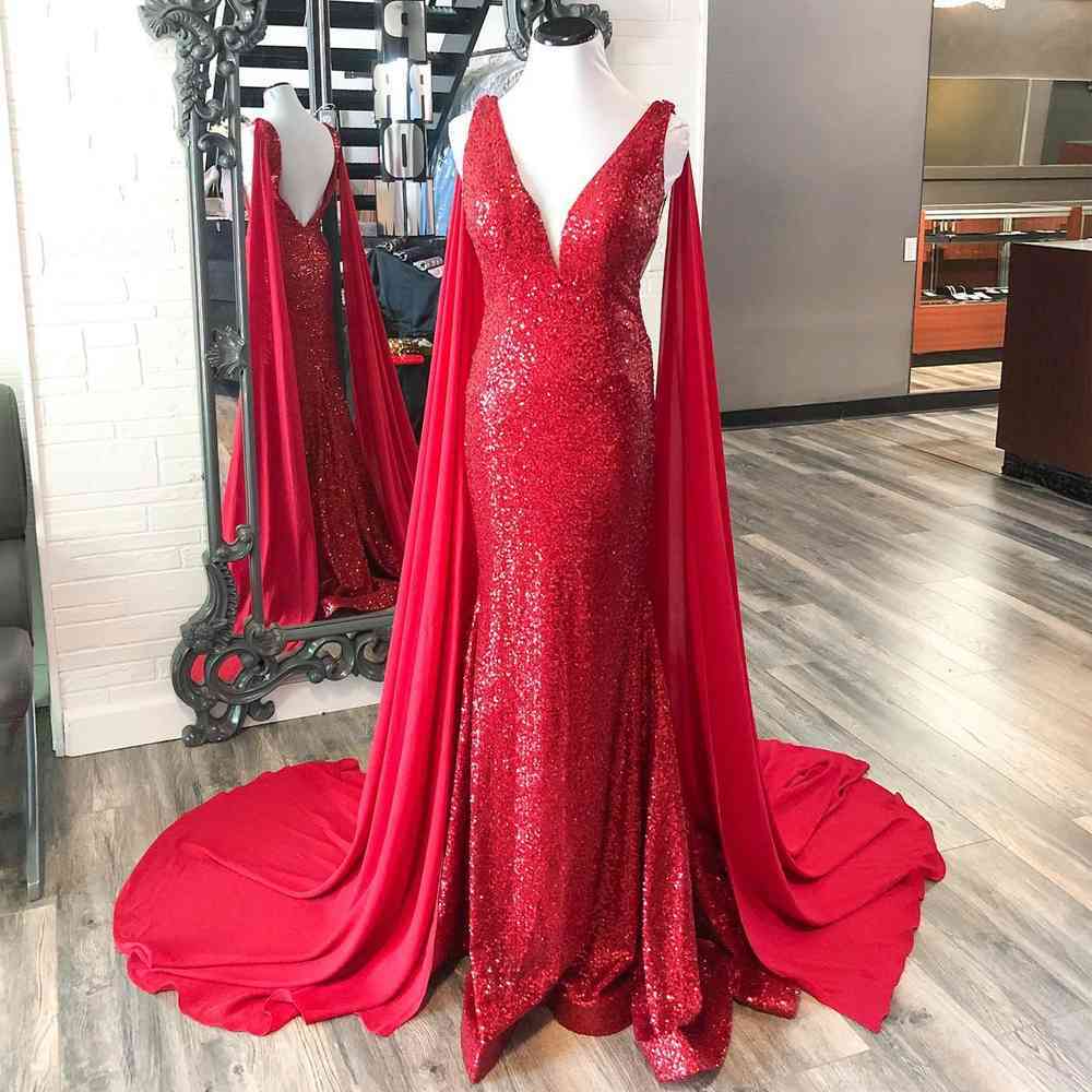 V-Neck Red Sequined Long Prom Dress with Shoulder Scarf