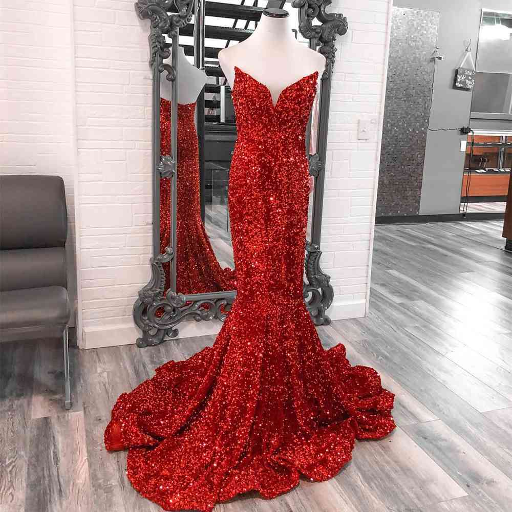 Strapless Mermaid Red Sequins Long Prom Dress 