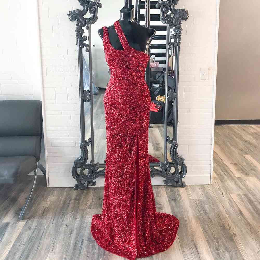 Sequin Double Straps Burgundy Long Prom Dres 