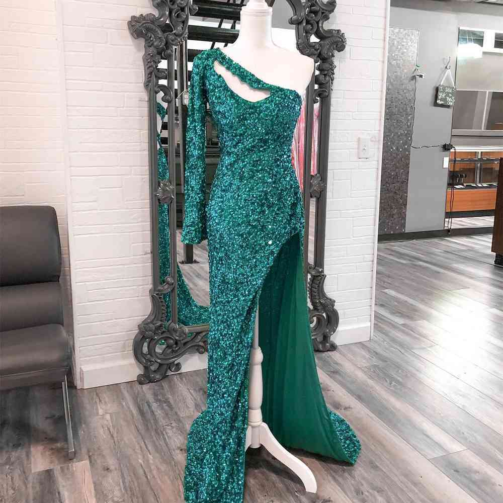 Green One-Shoulder Cutout Long Prom Dress with Long Sleeve