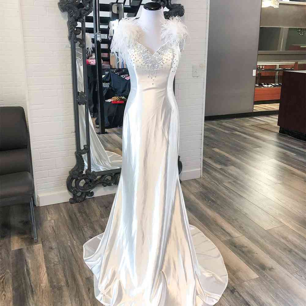 Feather Shoulder White Satin Long Formal Dress with Rhinestones
