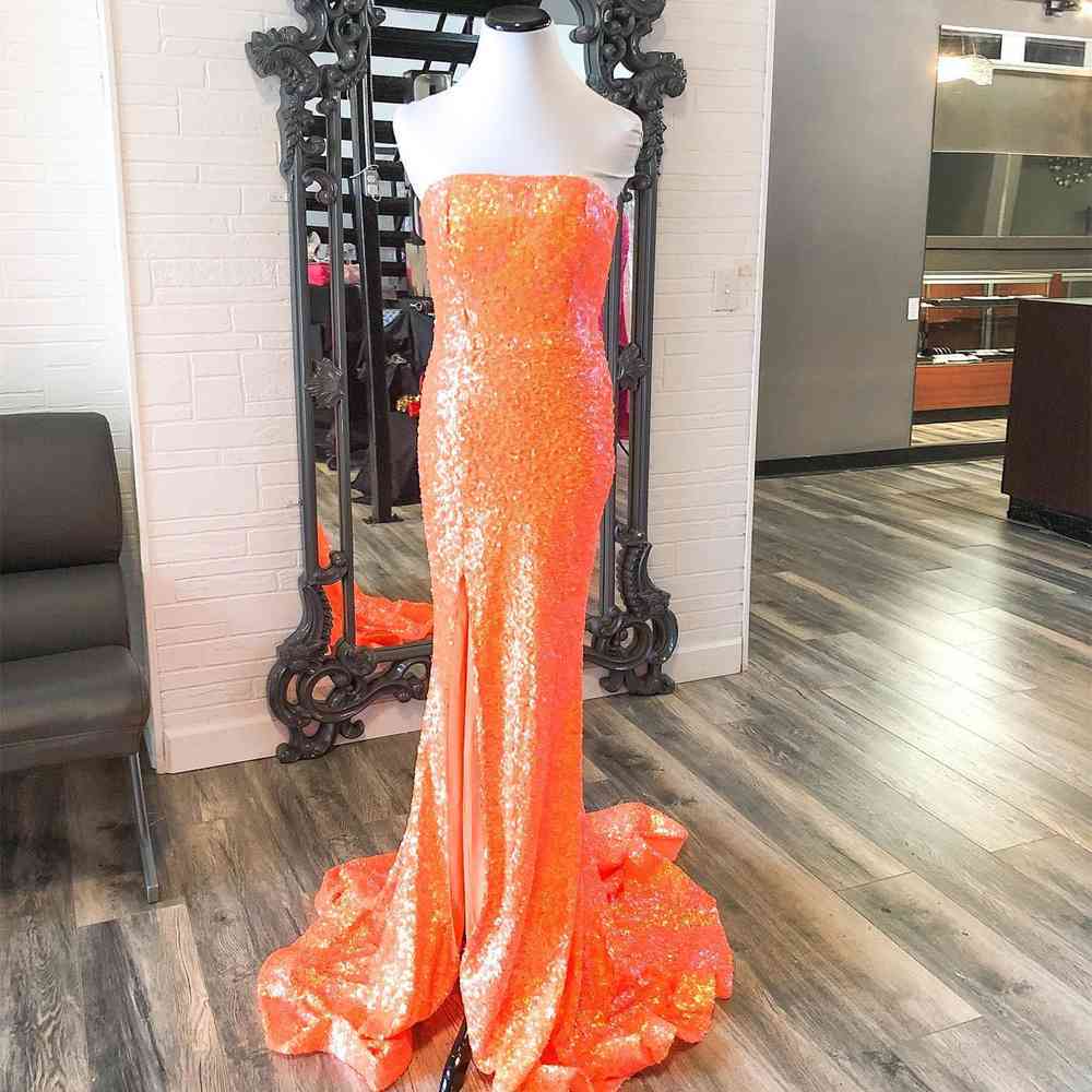 Long Sequins Orange Prom Dress with Side Slit