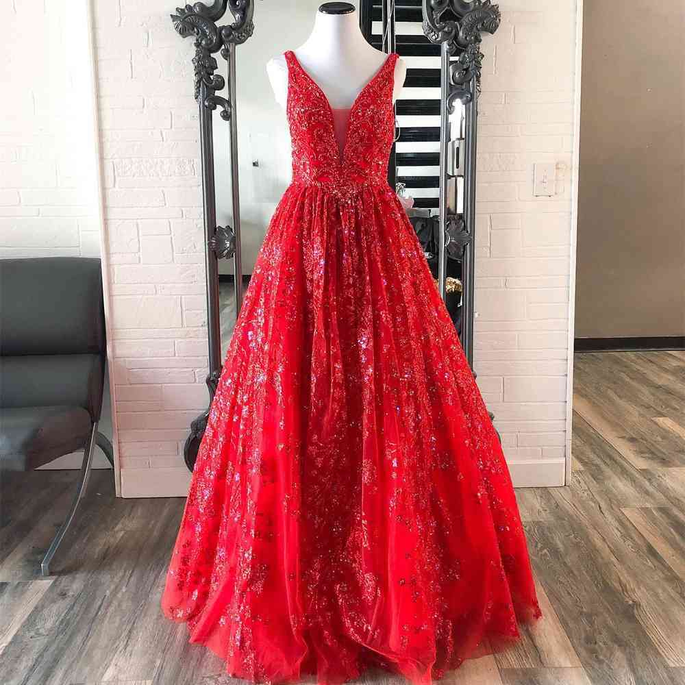 Gorgeous Red V-Neck Beaded A-Line Long Formal Dress