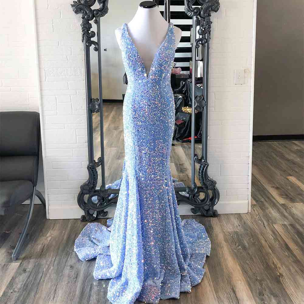 Plunging V-Neck Light Blue Sequins Mermaid Long Prom Dress