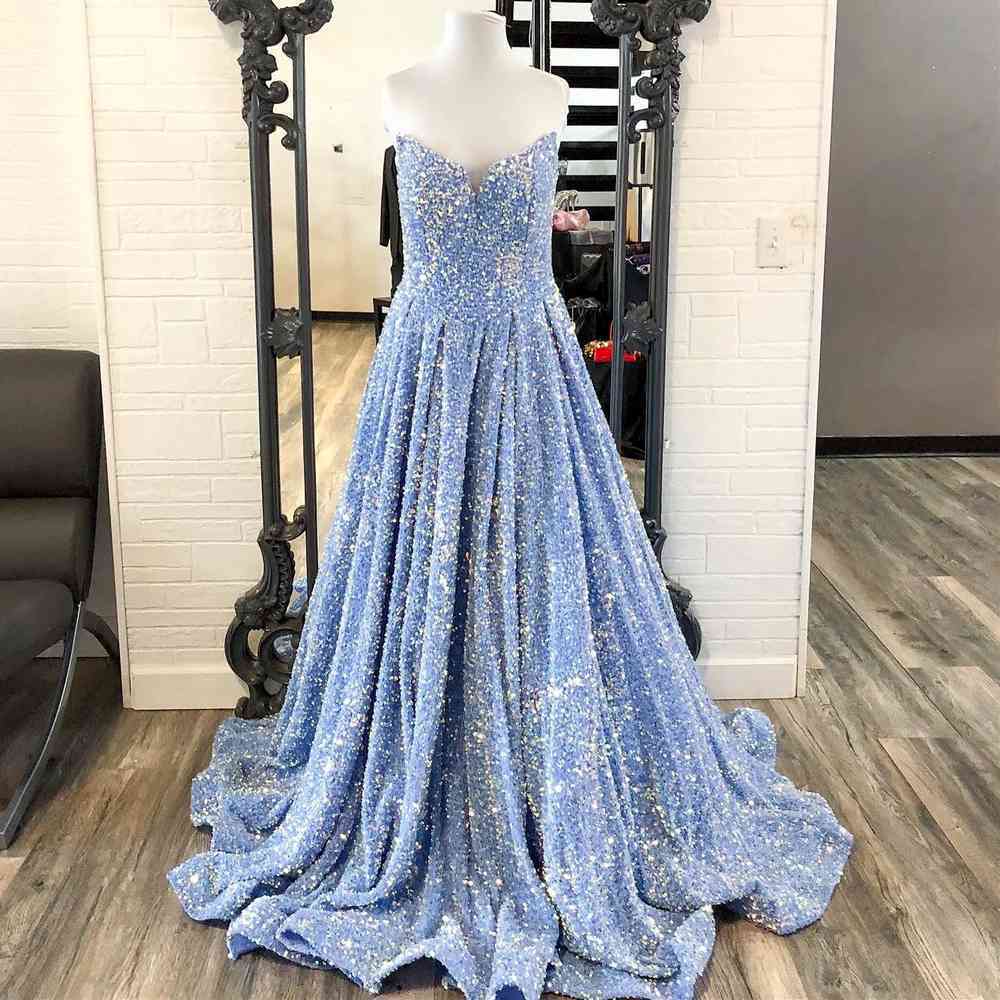Sparkle Light Blue Sequins A-Line Long Formal Dress