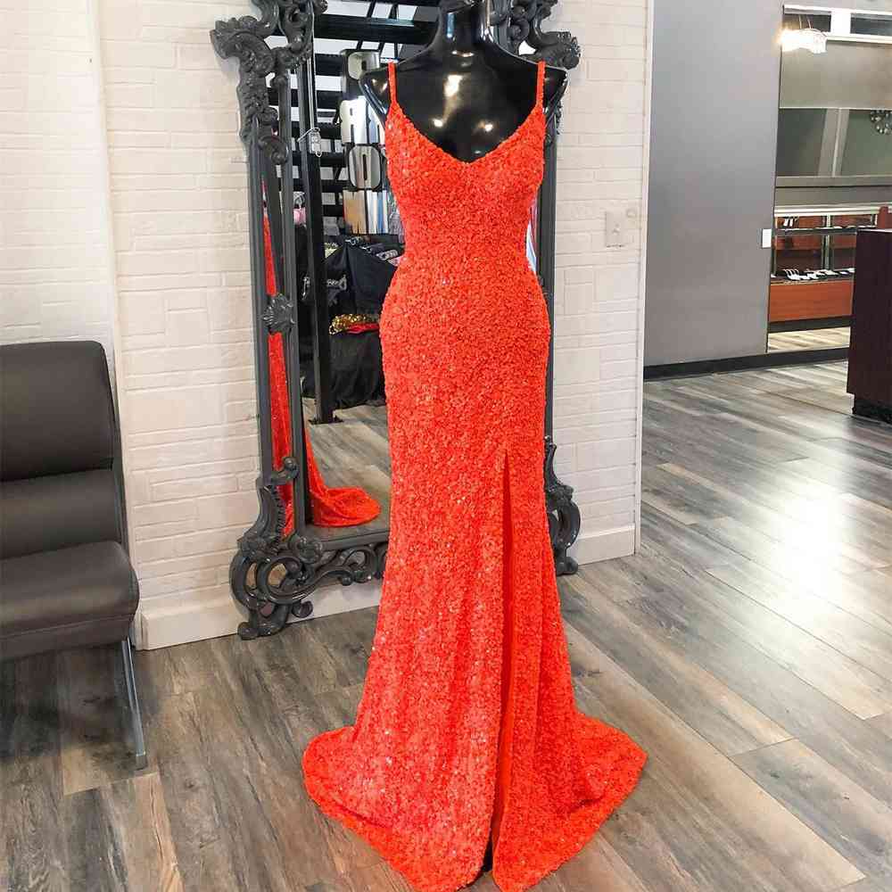 V-Neck Orange Sequins Long Prom Dress with Slit
