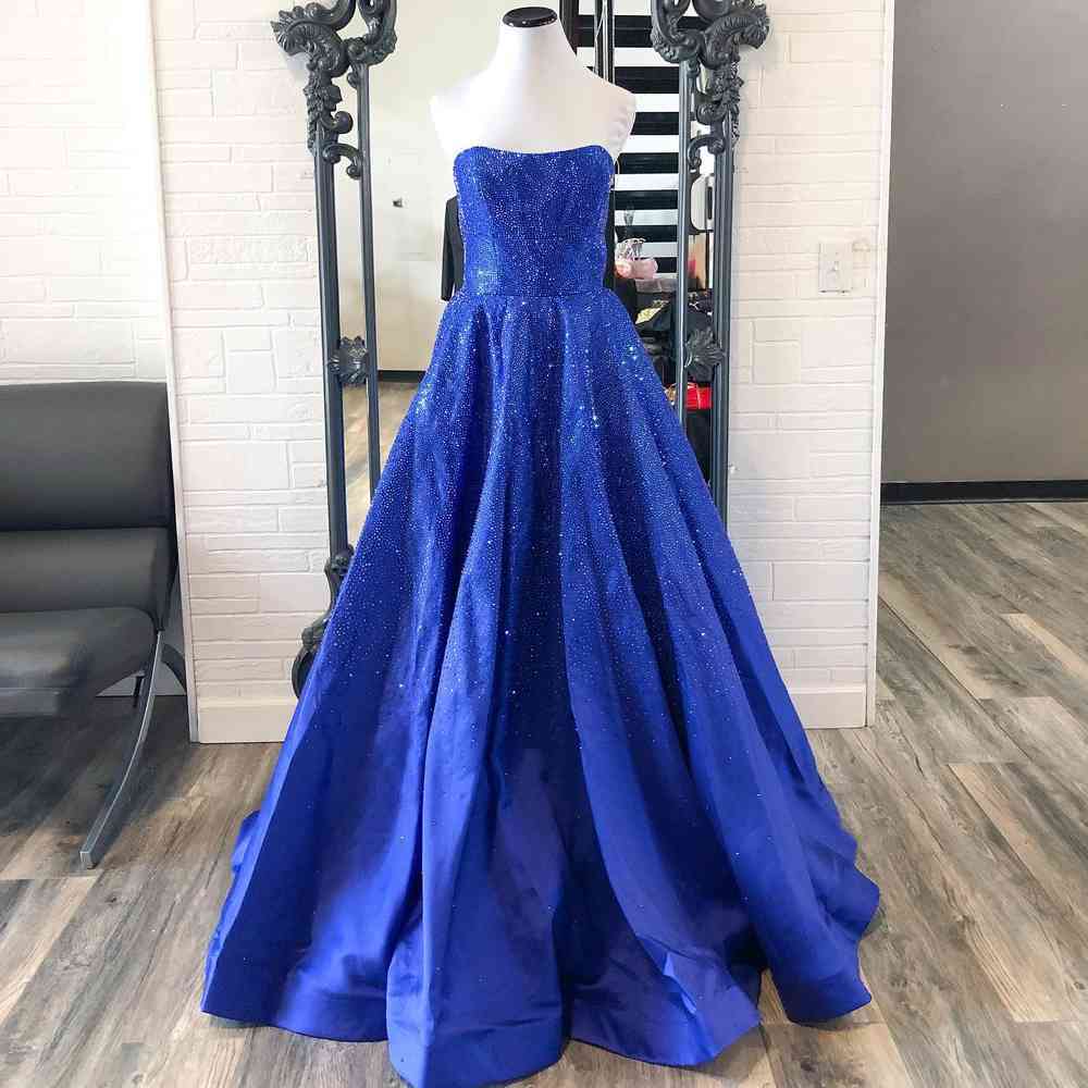 A-Line Strapless Royal Blue Beaded Long Formal Dress