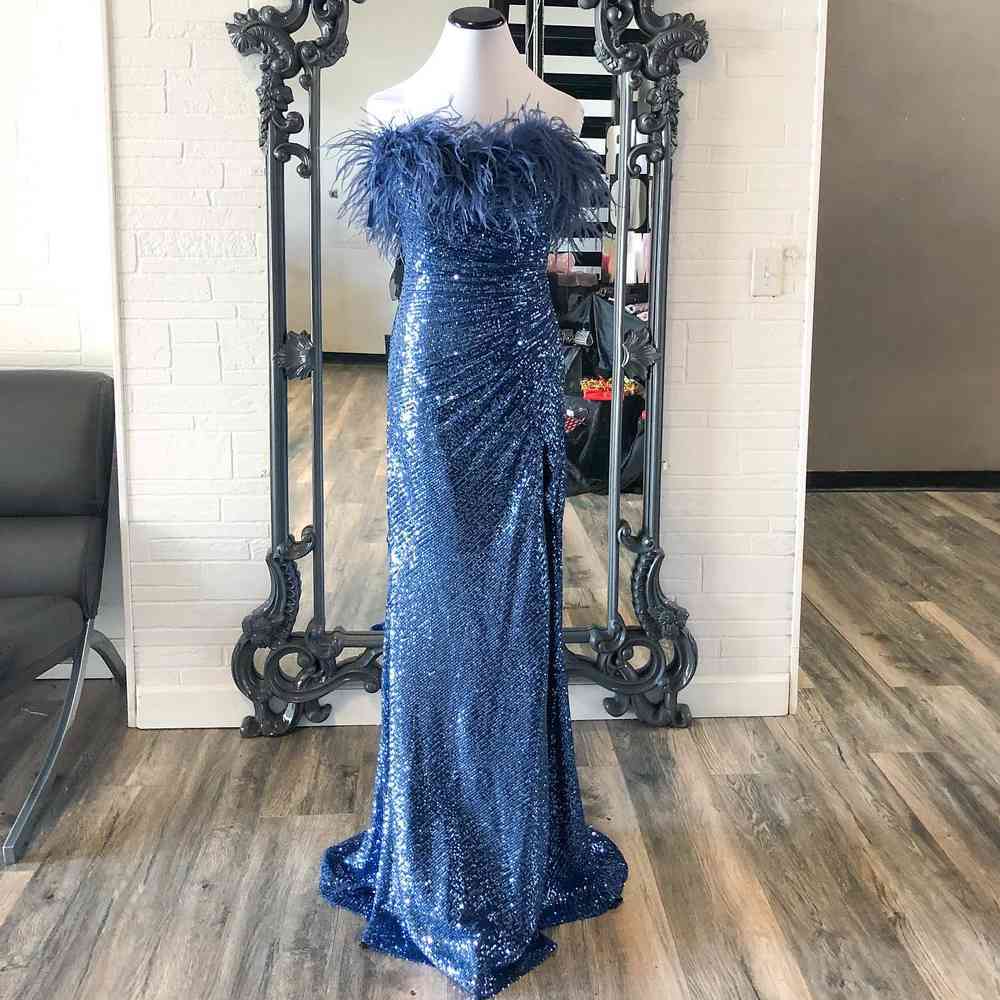 Lace-Up Navy Blue Feathers Long Prom Dress with Slit