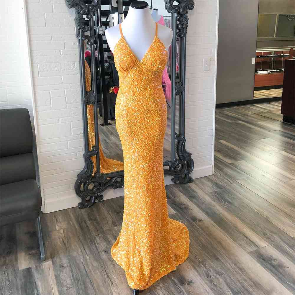 Yellow Plunging Neck Sequins Long Formal Dress 