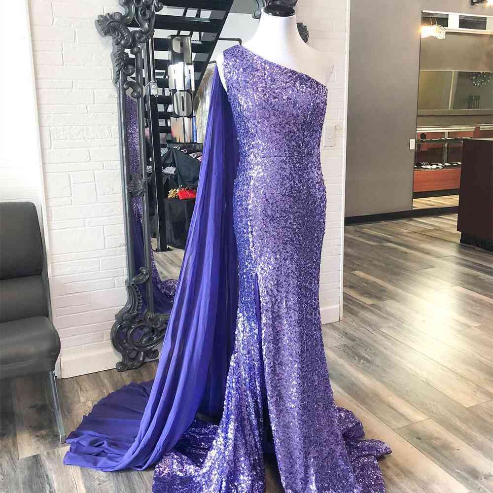 Purple Sequins Long Formal Dress with Shoulder Scarf