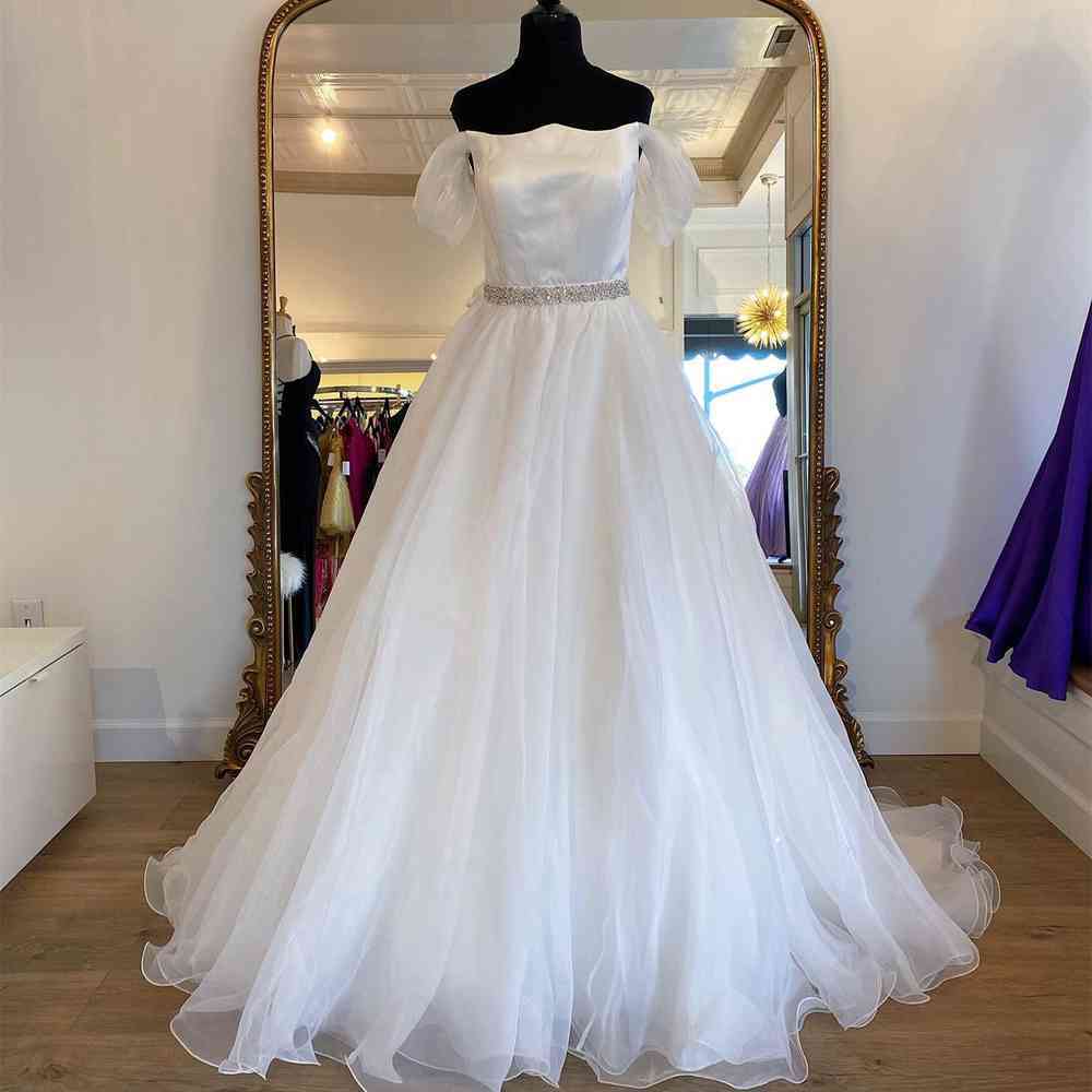 Elegant Off-the-Shoulder White Long Prom Dress with Beaded Belt