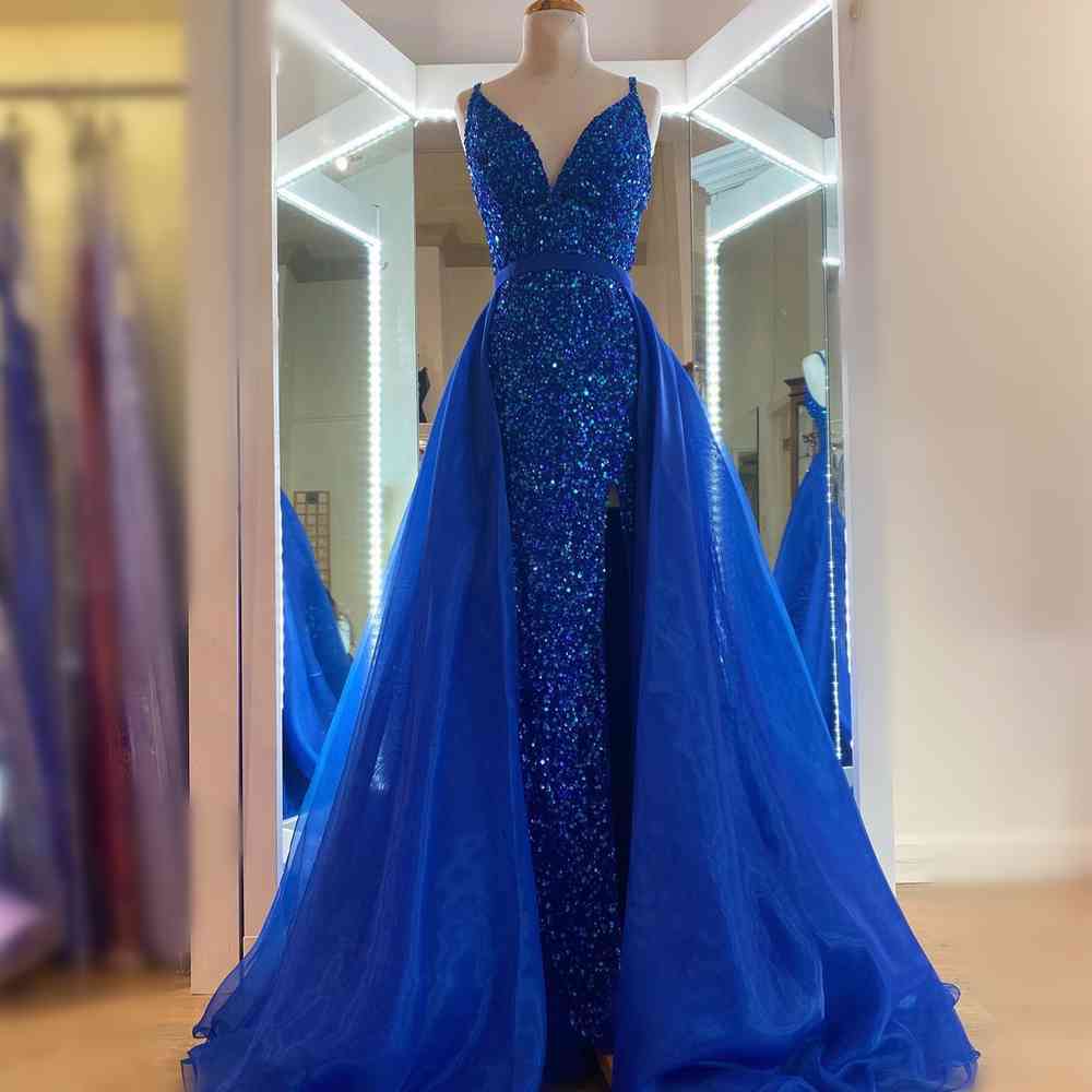 Glitter Royal Blue V-Neck Sequins Long Formal Dress with Detachable Cape