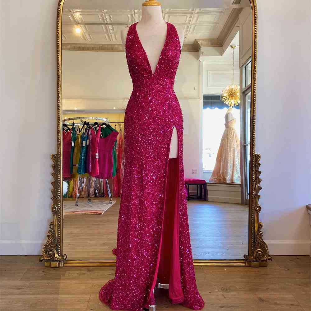 Backless Fuchsia Sequins Halter Long Prom Dress with Slit 
