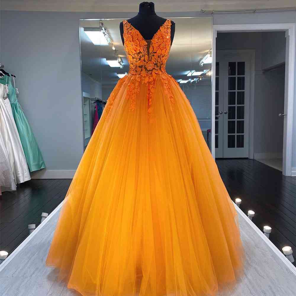 A-Line Orange V-Neck Appliques Long Formal Dress with Rhinestones