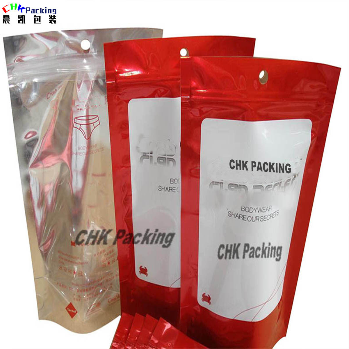 fashionable plastic stand up underwear pouch with ziplock ,plastic packaging bag for men's underwear