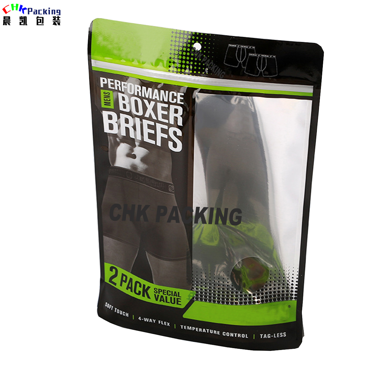 fashionable plastic stand up underwear pouch with ziplock ,plastic packaging bag for men's underwear