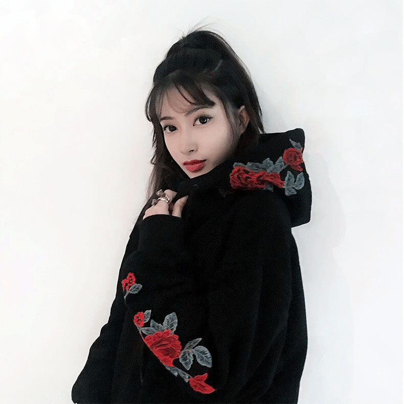 black hoodie with rose embroidery