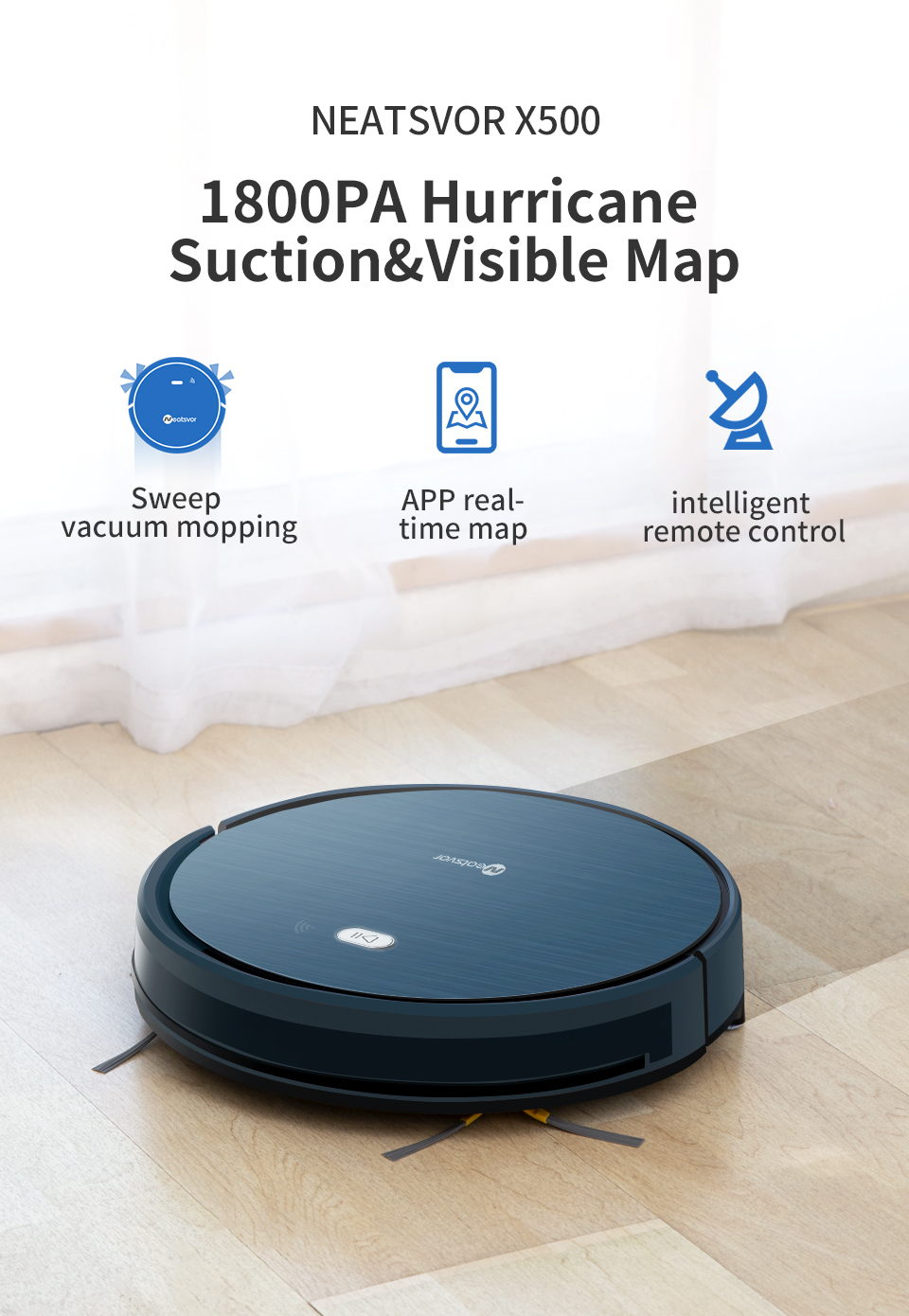 NEATSVOR X500 Robot Vacuum Cleaner 1800PA Poweful Suction 3in1 pet hair