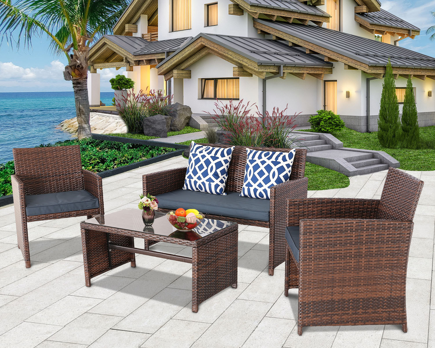 4 Pieces Outdoor Patio Furniture Sets All Weather Wicker Chairs Set With Coffee Table And Chair Set For Backyard Porch Poolside Patio Seating Set 1637380113004 0 