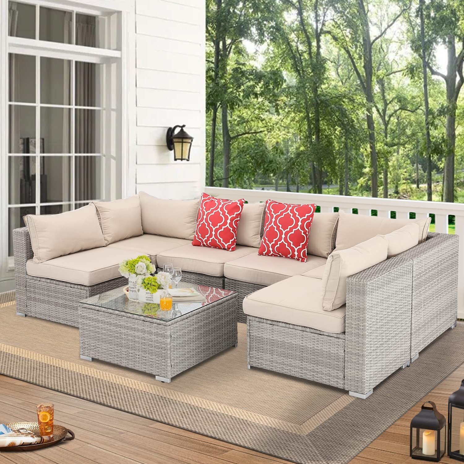 HTTH 7 Pieces Outdoor Indoor Sectional Sofa Set Patio Furniture Set