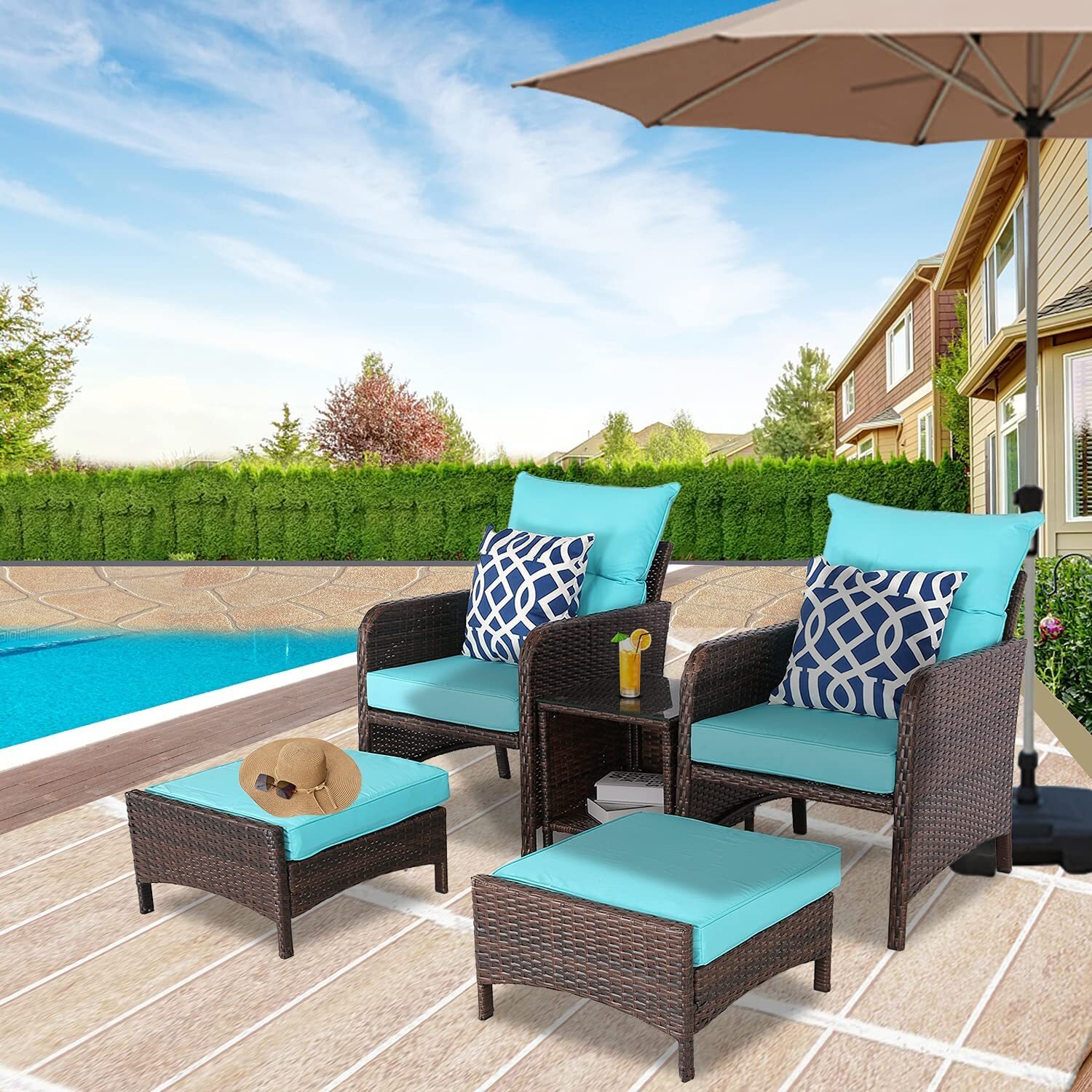 HTTH Outdoor Patio Furniture Set Brown PE Wicker Rattan Patio